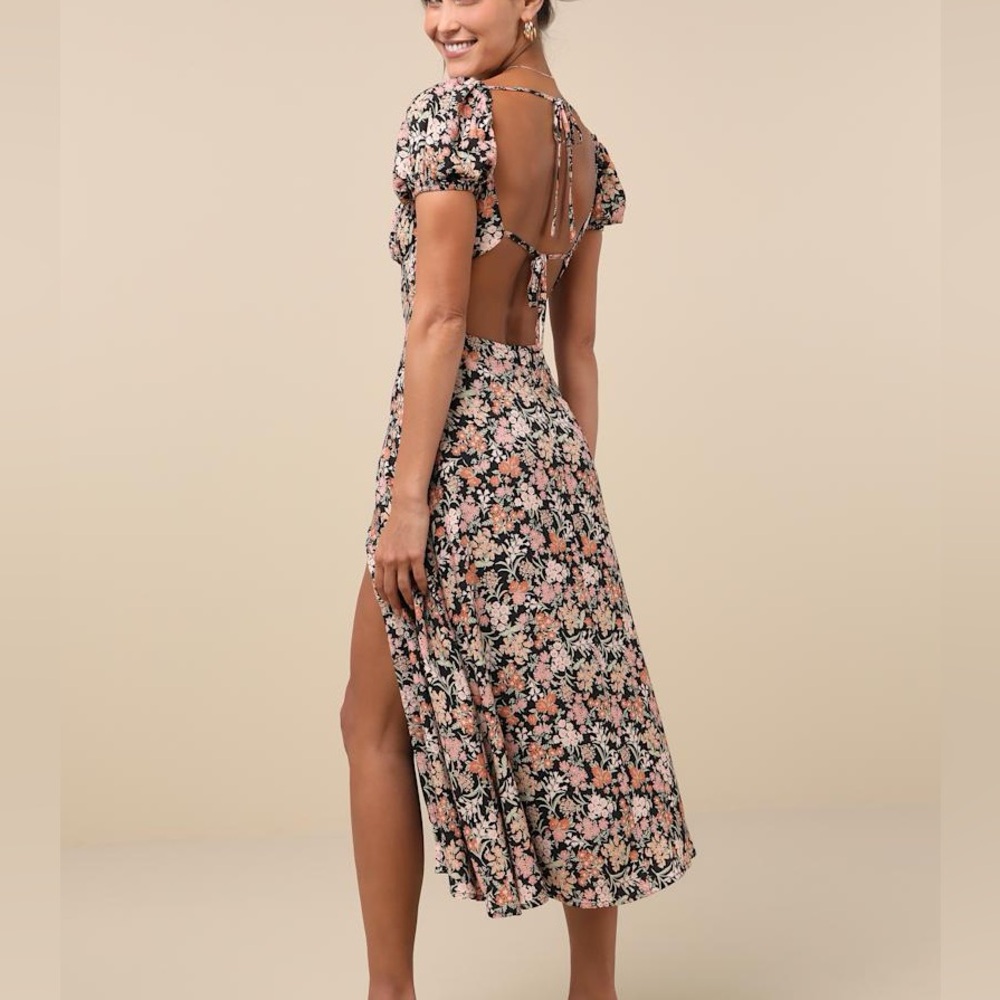 Lulus Meadow Muse Black Floral Midi Dress Sz M
